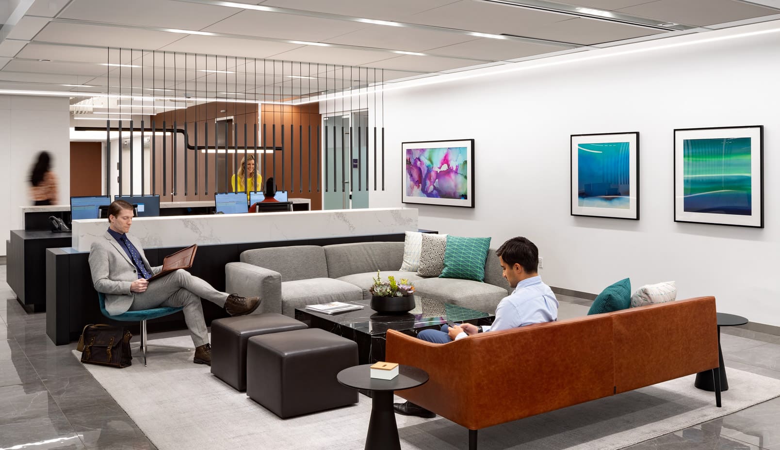 Reception waiting area at ElevatedNY, premium office space near Bryant Park in NYC.